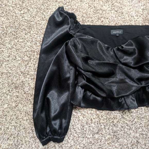 Majorelle Black Satin Cropped Puff Sleeve Top - Picture 3 of 11